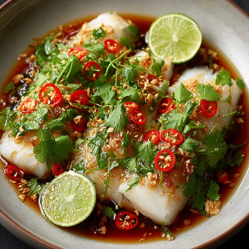 A bowl of food with lime slices and peppers.