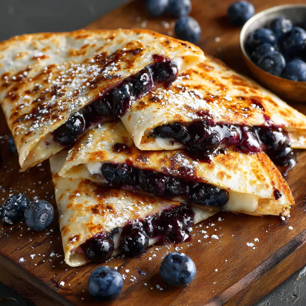 A stack of blueberry crepes on a wooden table.