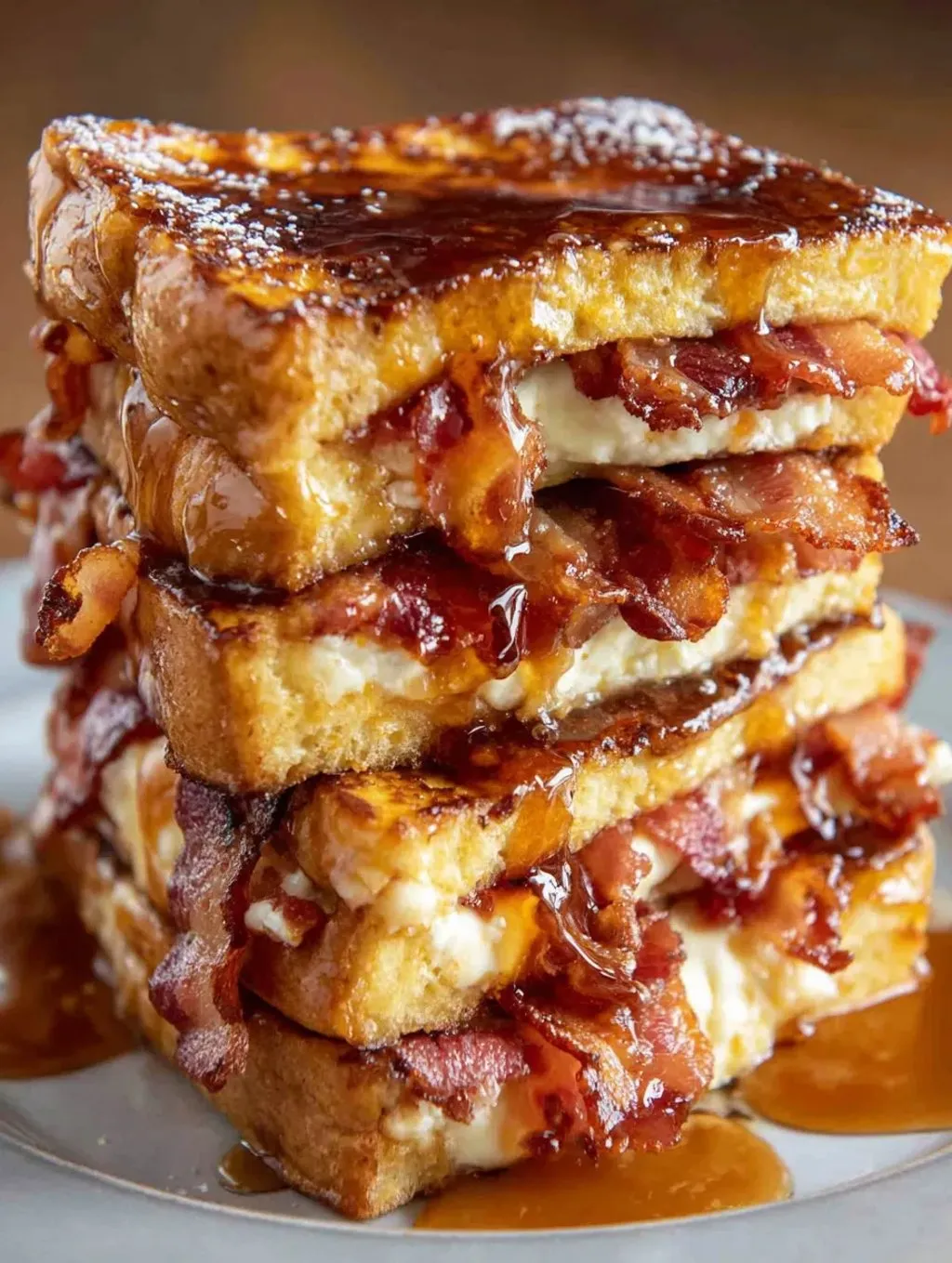 A stack of bacon sandwiches with syrup.