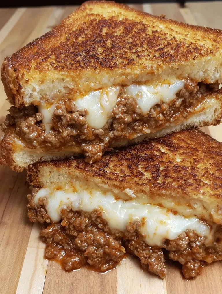 Two pieces of grilled cheese sandwiches with meat.