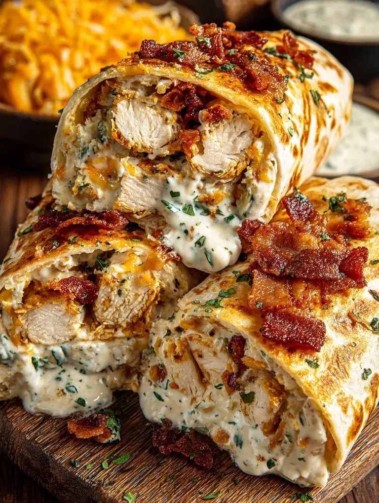 A chicken wrap with bacon and cheese.
