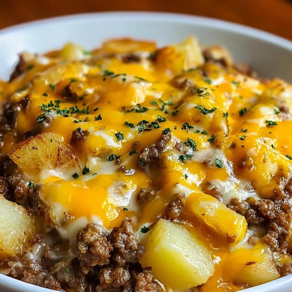 A bowl of food with cheese and potatoes.