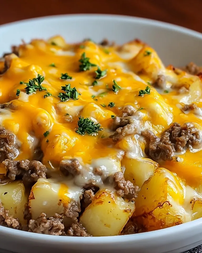 A bowl of food with cheese and potatoes.