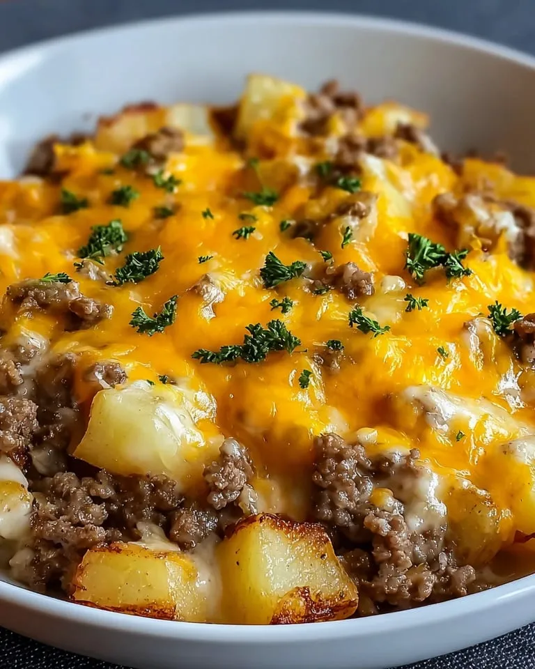 A cheesy bowl of food with cheese and potatoes.