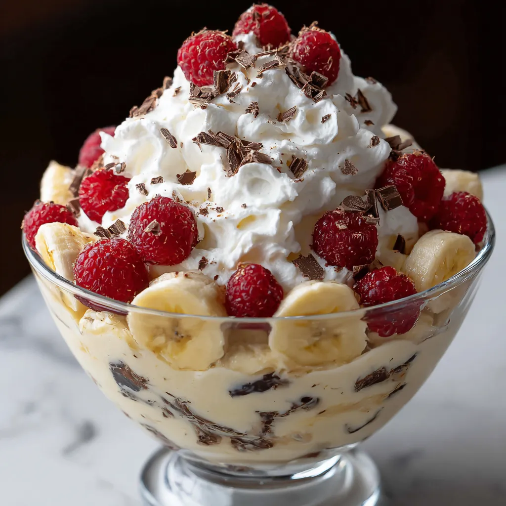 A bowl of bananas, whipped cream and chocolate.