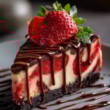 A slice of cheesecake with strawberries and chocolate drizzle.