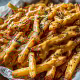A plate of french fries with cheese.