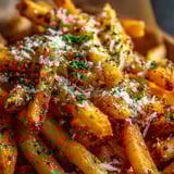 A close up of french fries with cheese and herbs.