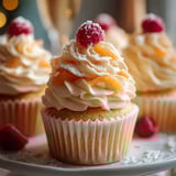 A cupcake with a raspberry on top.