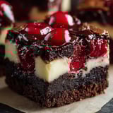 A chocolate dessert with cherries on top.