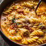 A bowl of pasta with meat and cheese.