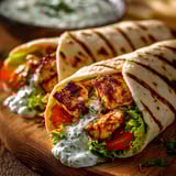 A chicken wrap with tomatoes and lettuce.