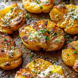 Sliced potatoes with cheese and herbs.
