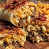 A burrito with macaroni and cheese.