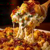 A piece of food with cheese and bacon on it.