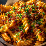 A close up of a delicious bacon and cheese french fry.
