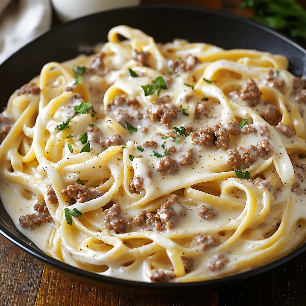 Creamy Ground Beef Alfredo Pasta