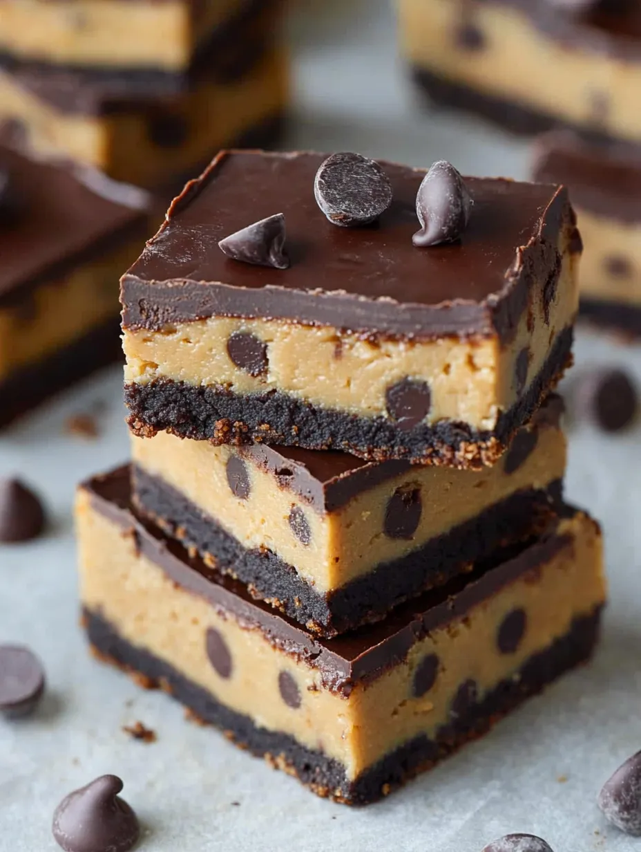 A chocolate cake with peanut butter and chocolate chips on top.