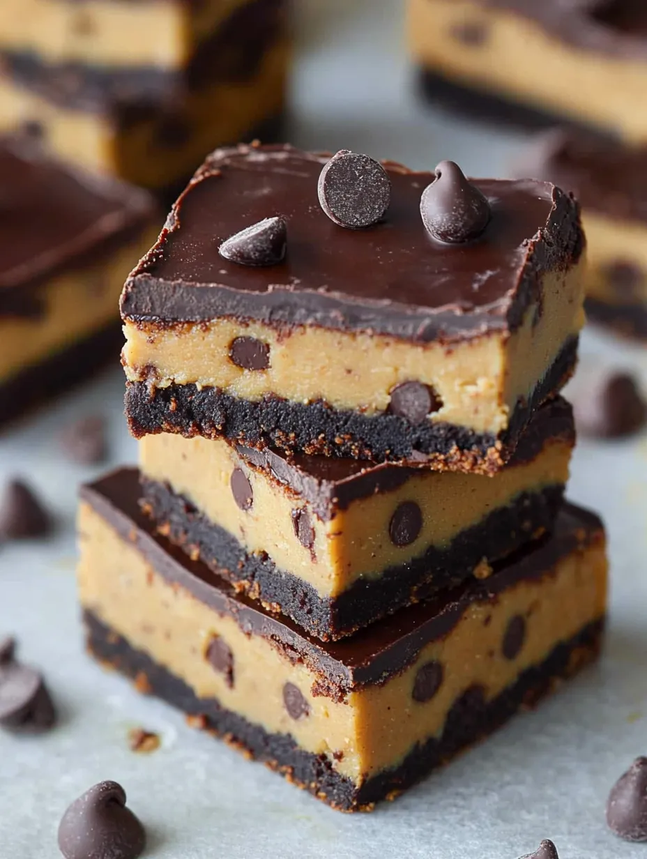 A stack of three chocolate peanut butter bars.