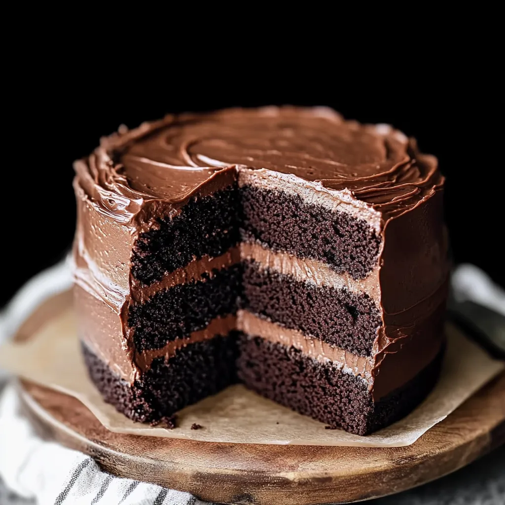 A slice of chocolate cake on a wooden board.