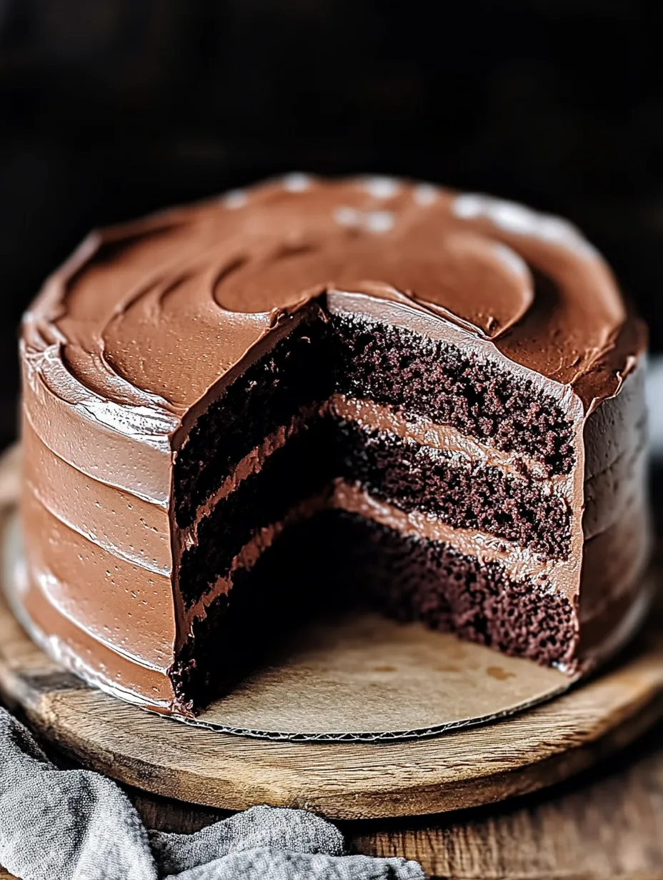 A slice of chocolate cake on a wooden platter.