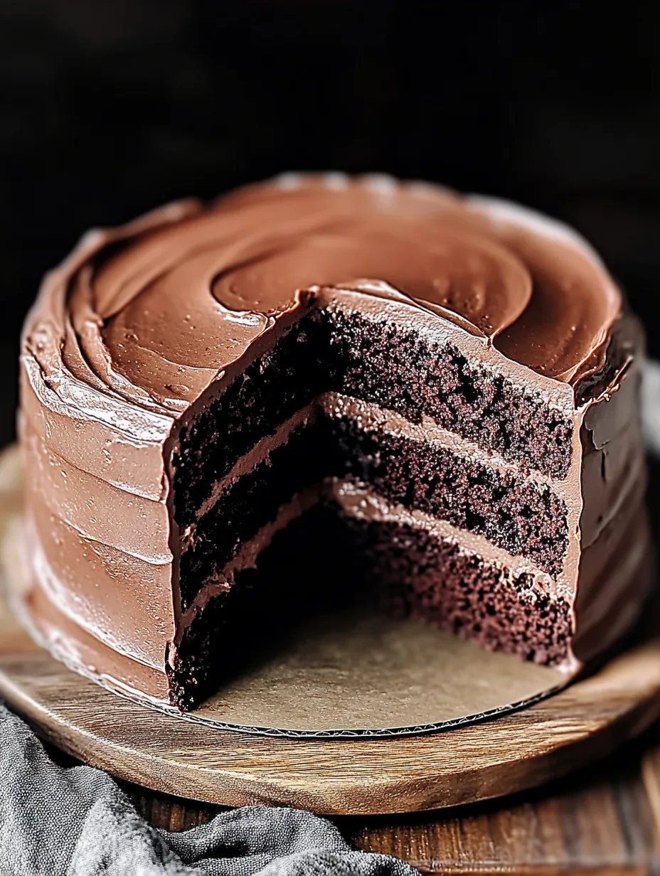 A slice of chocolate cake on a wooden platter.