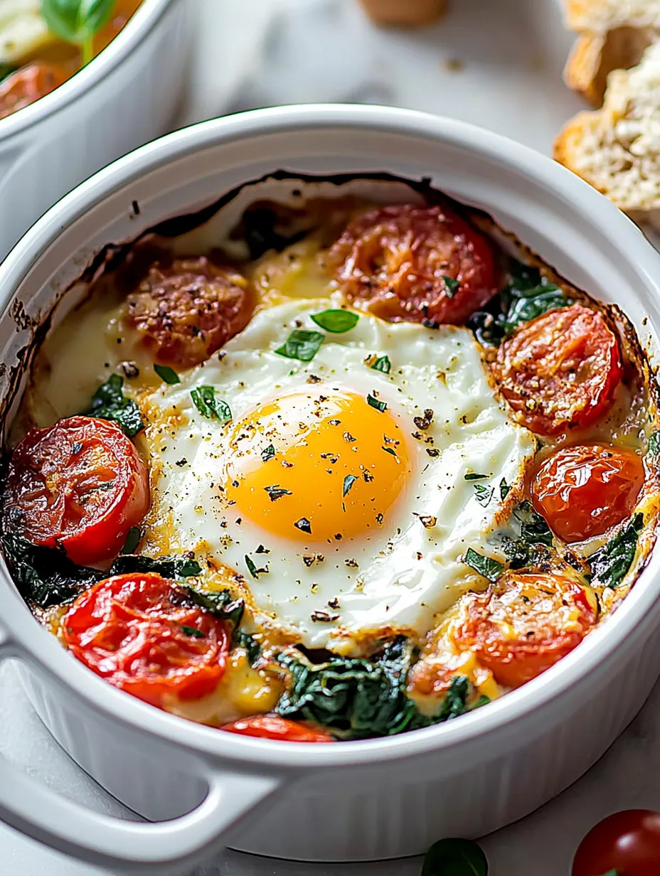 A bowl of food with a fried egg in the center, surrounded by tomatoes, spinach, and bread.