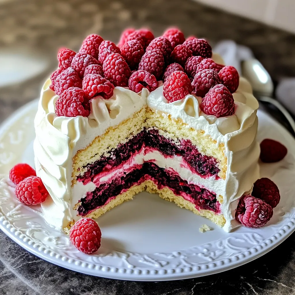 A slice of cake with raspberries on top.