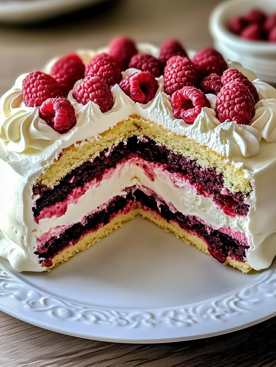 A slice of cake with raspberries on top.