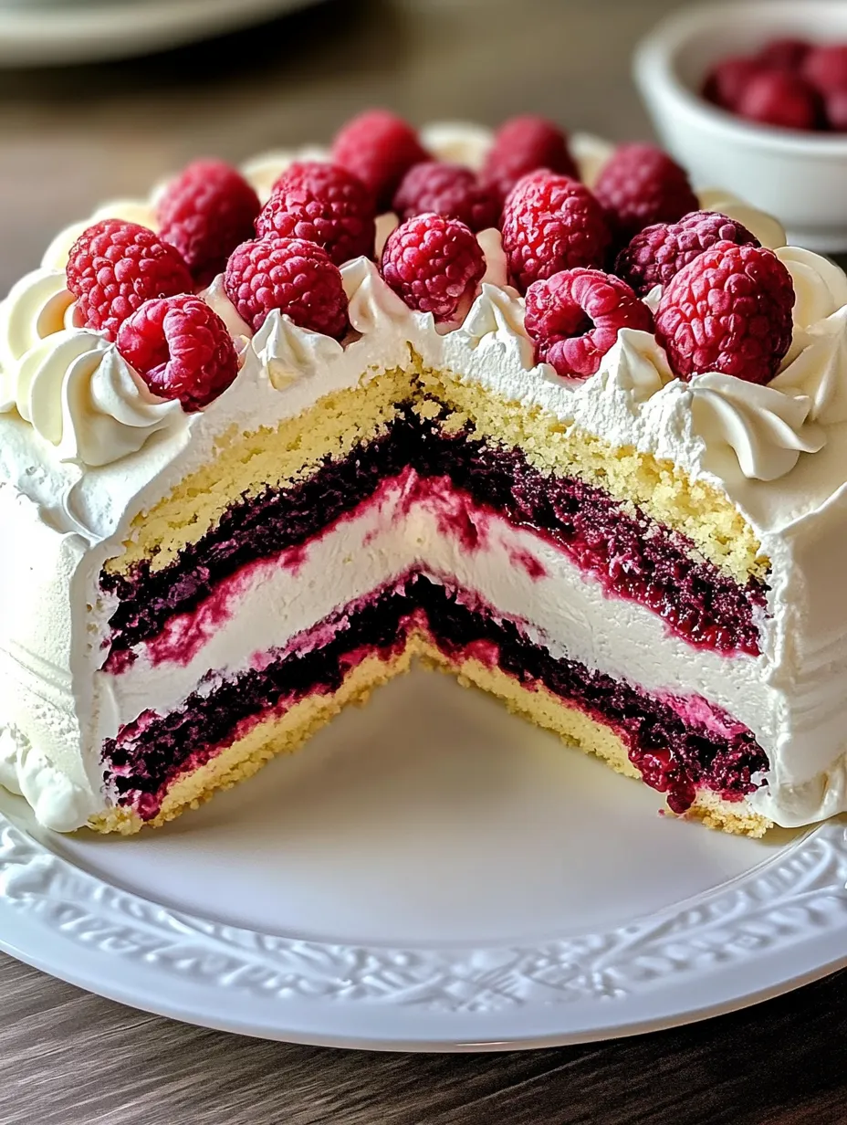 A slice of cake with raspberries on top.