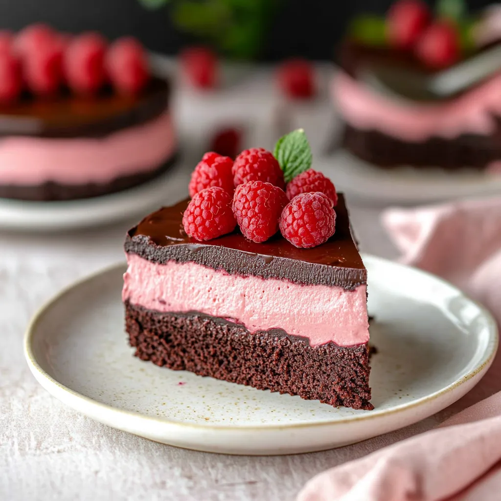 A slice of chocolate cake with raspberries on top.