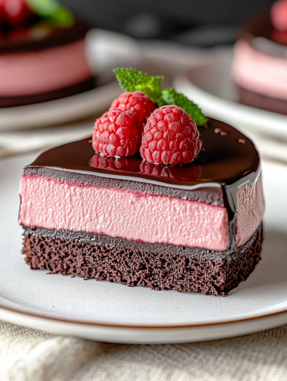 A slice of chocolate cake with raspberries on top.