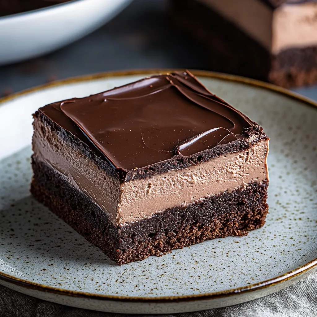 A piece of chocolate cake with a fudge topping on a plate.