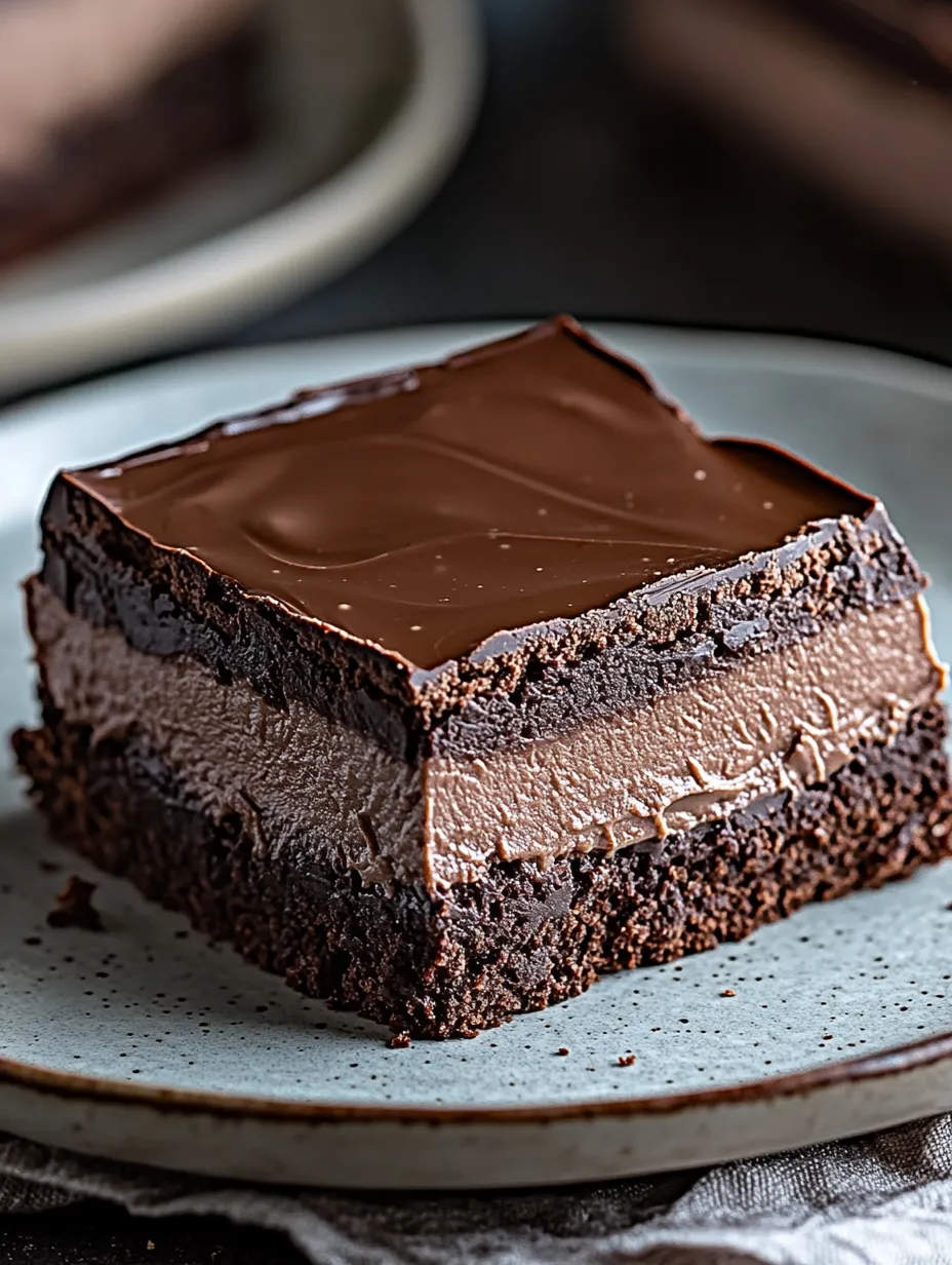 A square piece of chocolate cake on a plate.