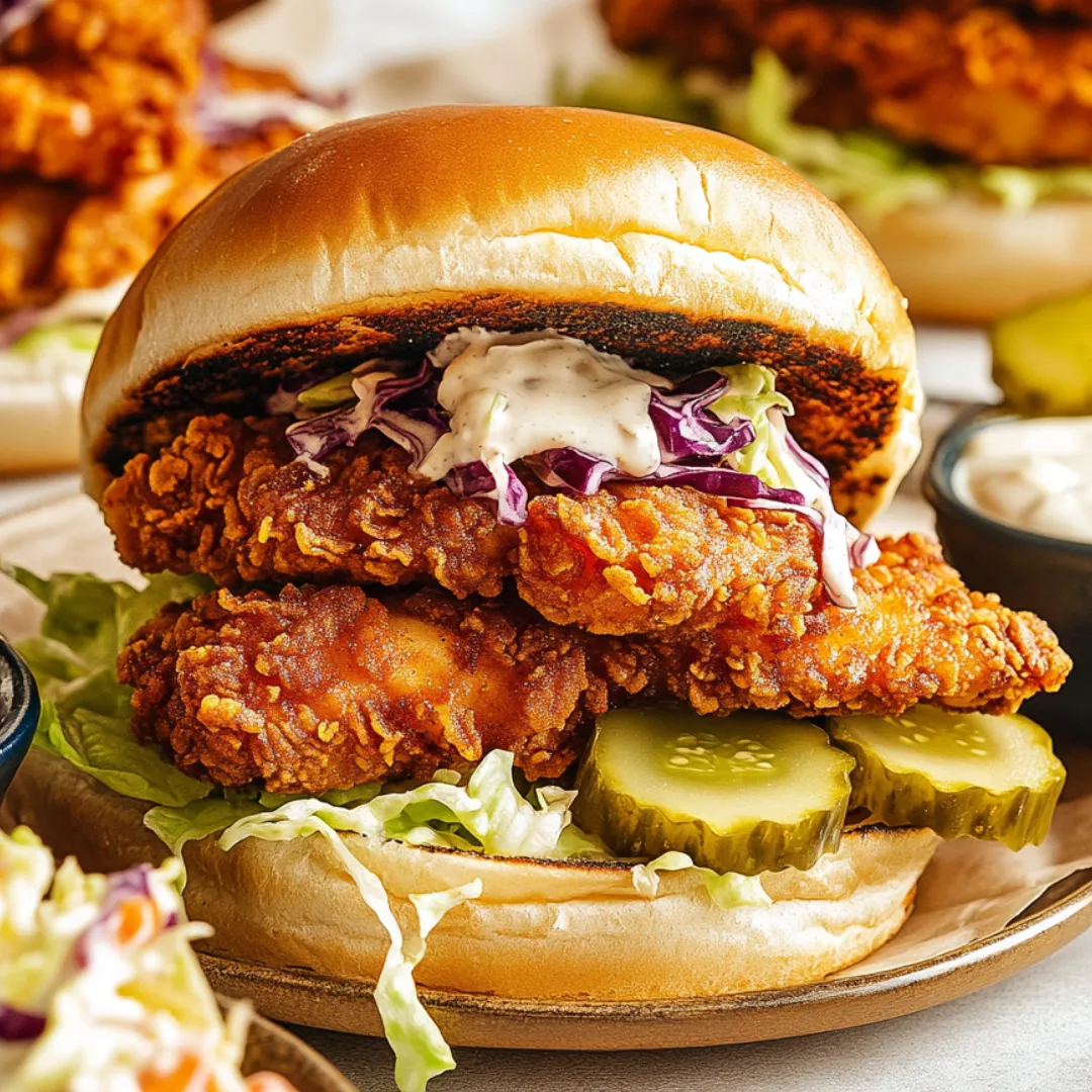 A delicious chicken sandwich with lettuce and pickles, accompanied by a side of coleslaw.