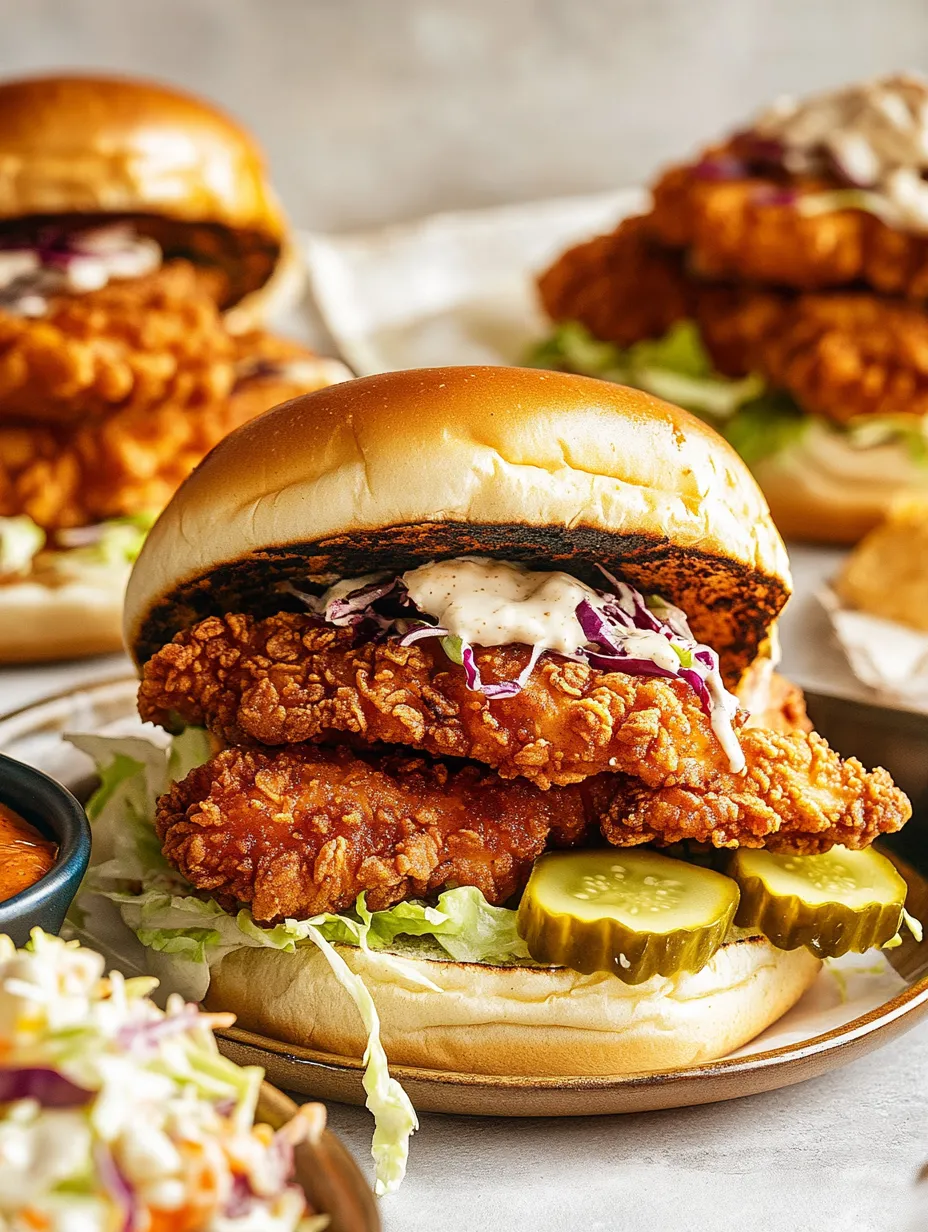 A sandwich with a fried chicken patty, lettuce, and pickles.