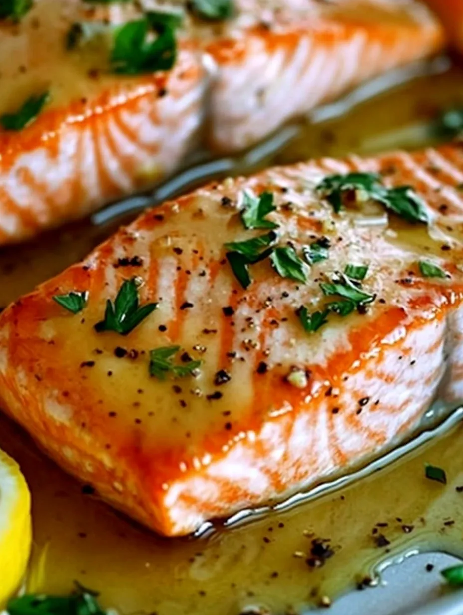 Two pieces of salmon cooked in a pan with herbs and spices.