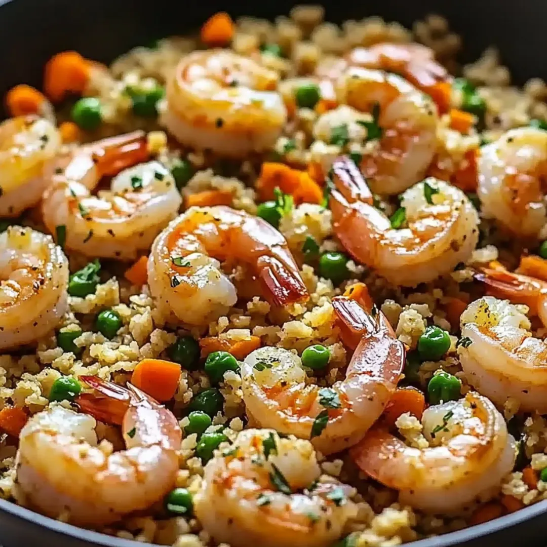 A bowl of shrimp and rice with peas and carrots.