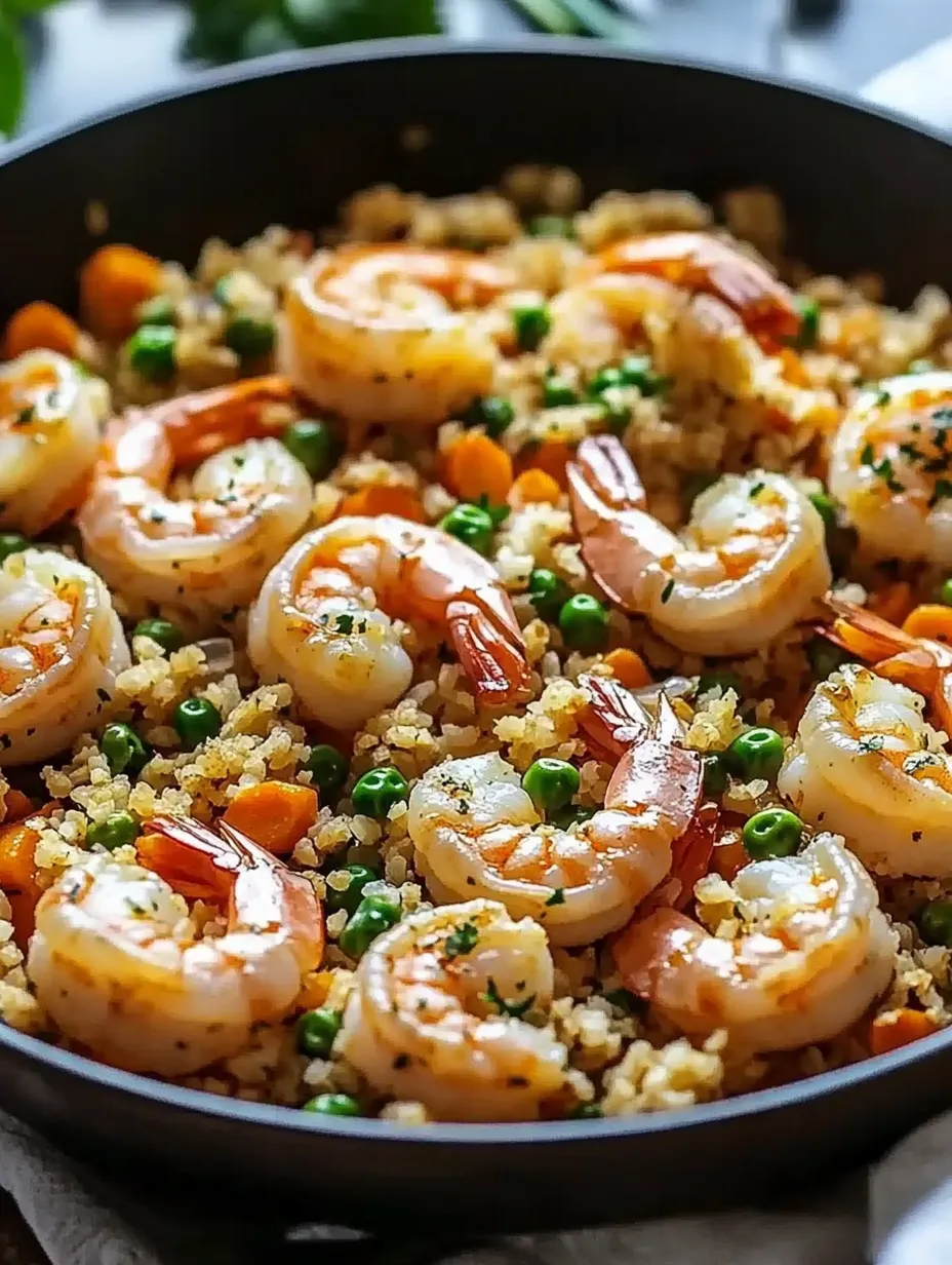 A bowl of shrimp and rice with peas and carrots.