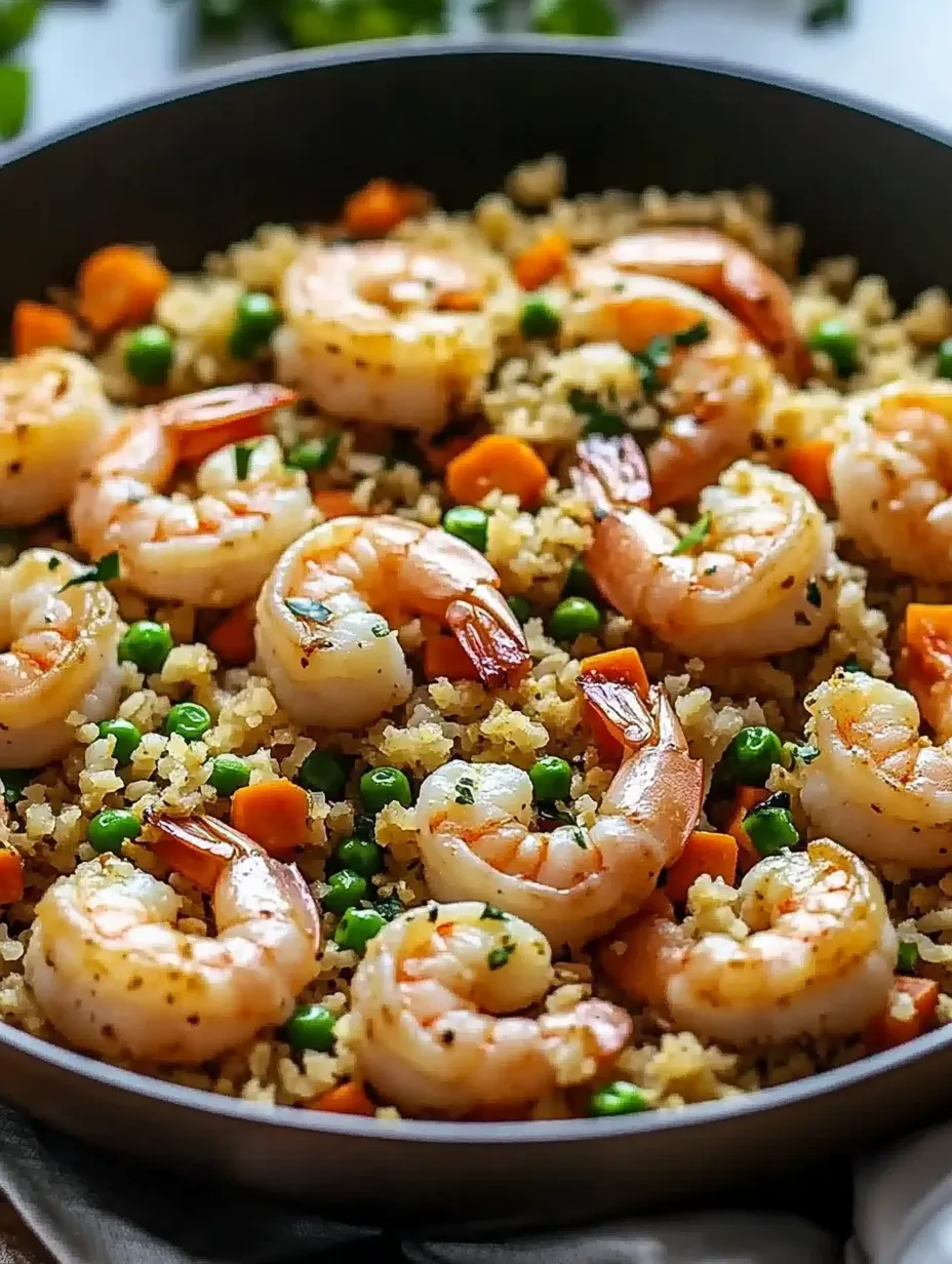 A bowl of shrimp and rice with peas and carrots.