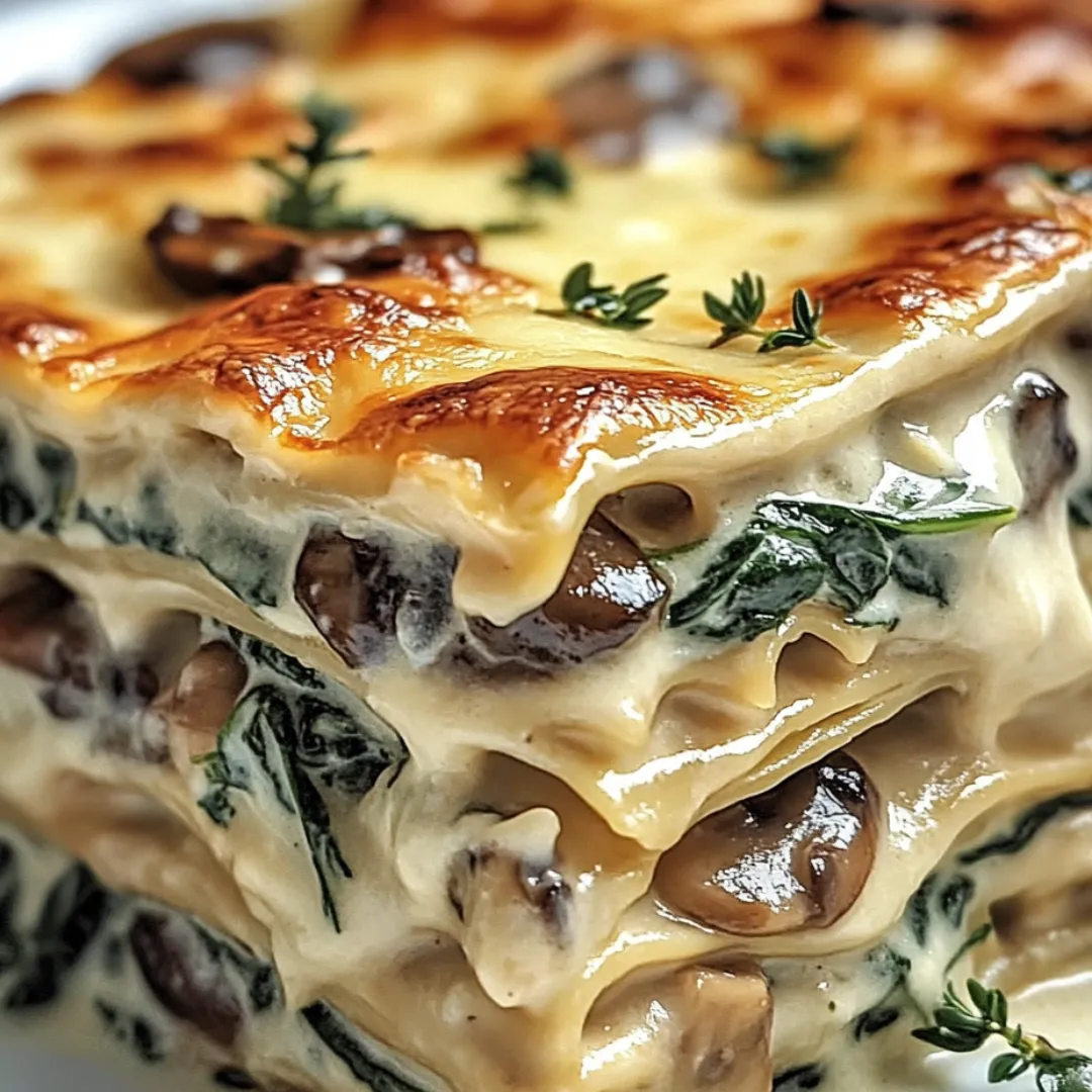 A delicious lasagna with mushrooms and herbs on top.