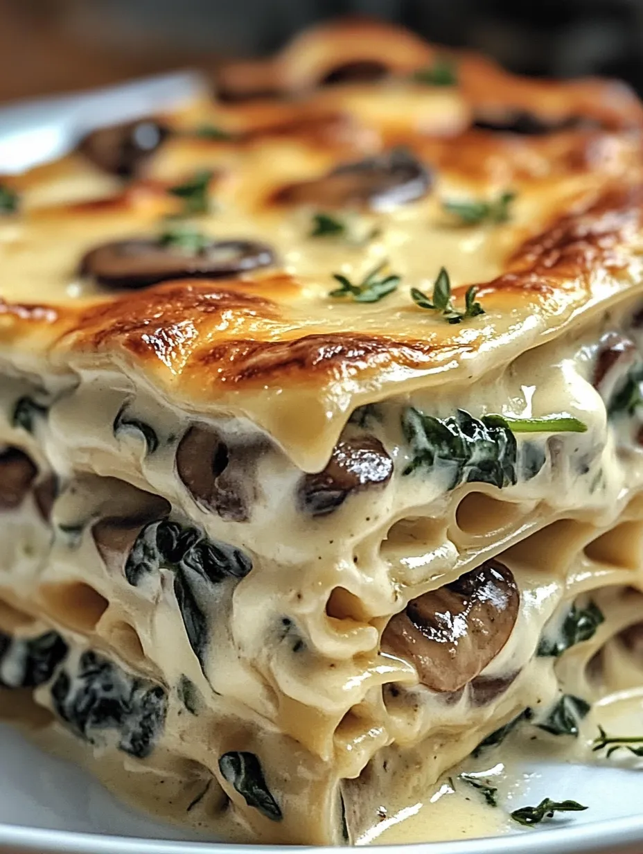 A delicious lasagna with mushrooms and herbs on top.