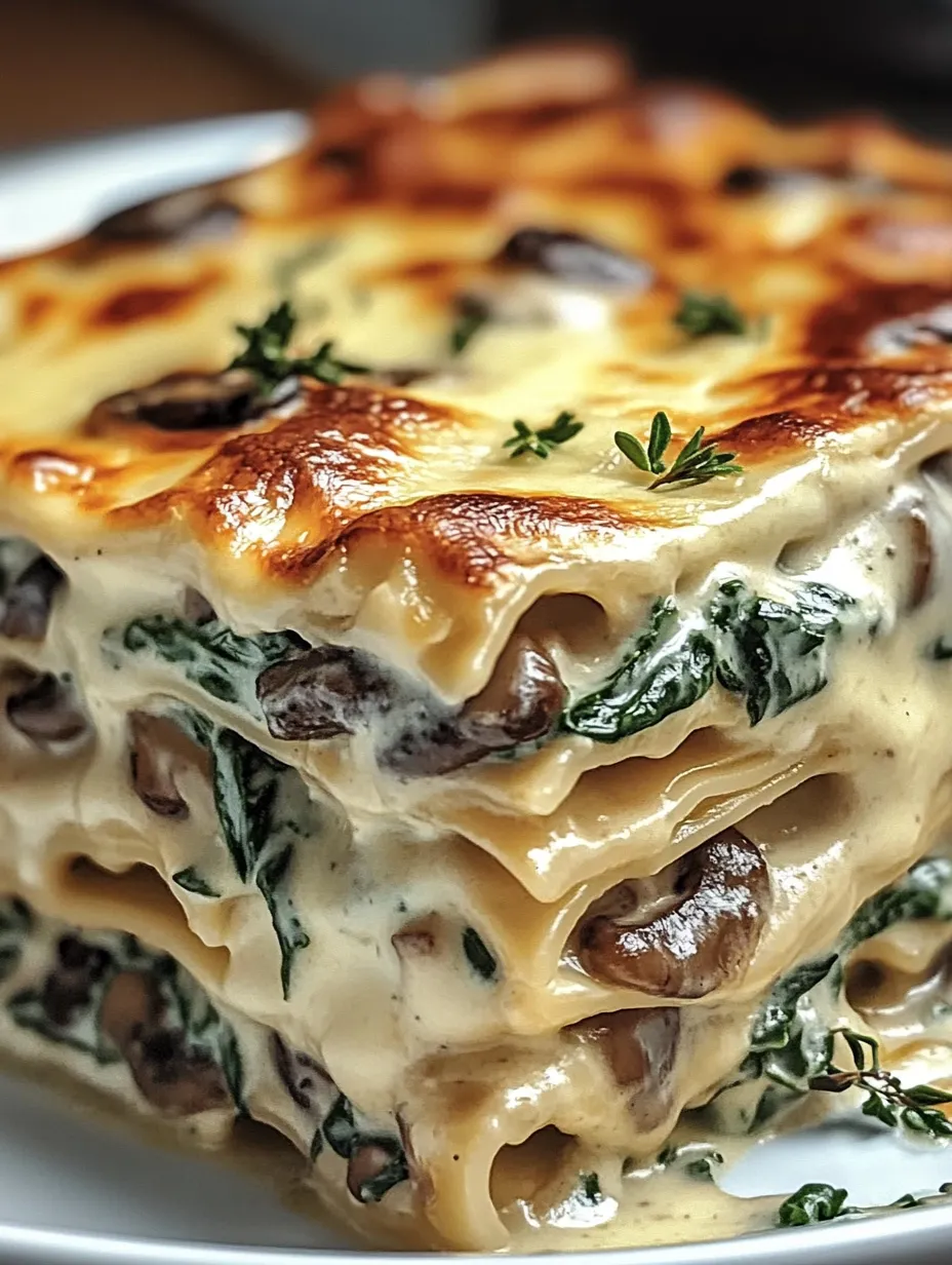 A large, multi-layered lasagna with mushrooms and spinach.