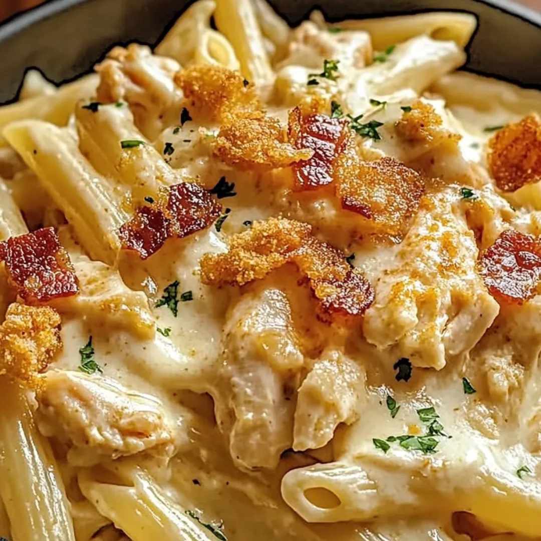 A bowl of pasta with chicken and bacon on top.