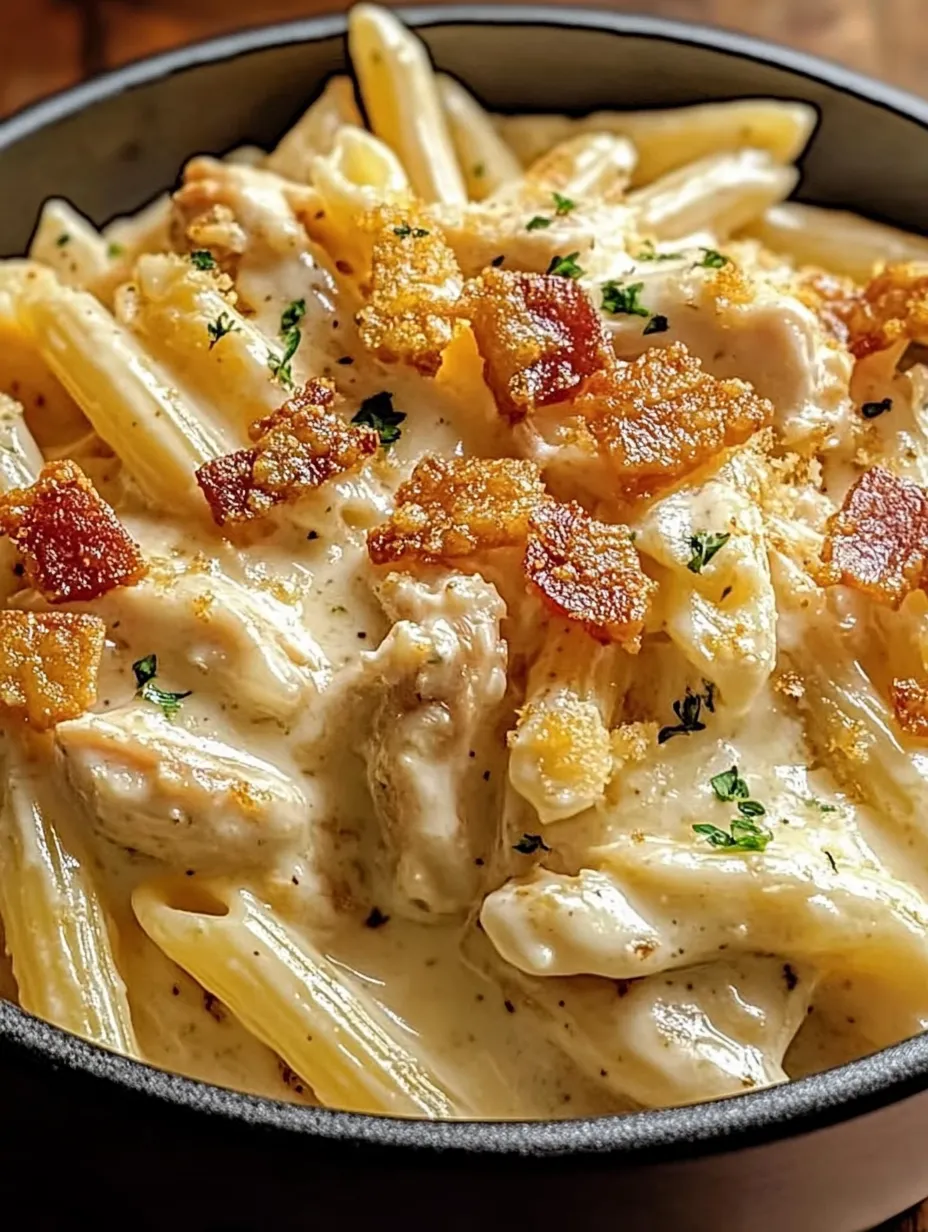 A bowl of pasta with chicken and bacon on top.