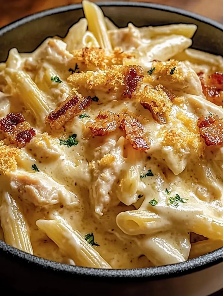 A bowl of pasta with chicken and bacon on top.