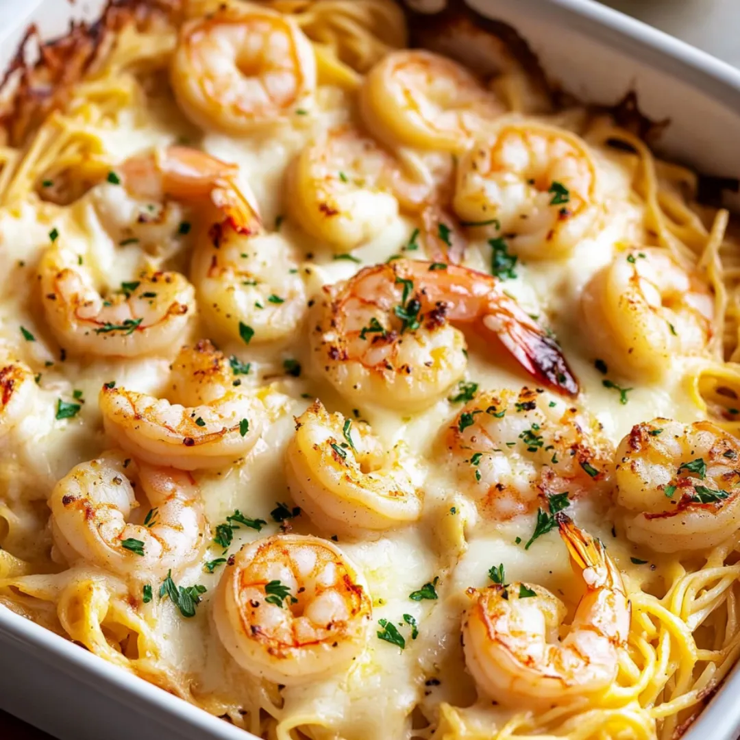 A bowl of shrimp and pasta with a white sauce.