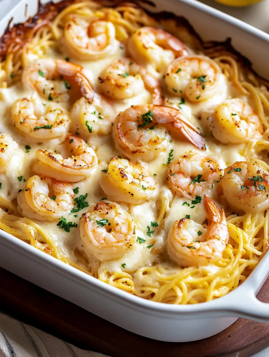 A dish of shrimp and pasta in a white bowl.