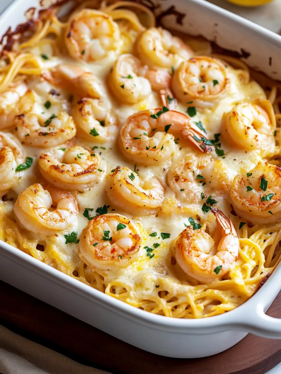 A delicious seafood dish with shrimp and pasta in a white bowl.