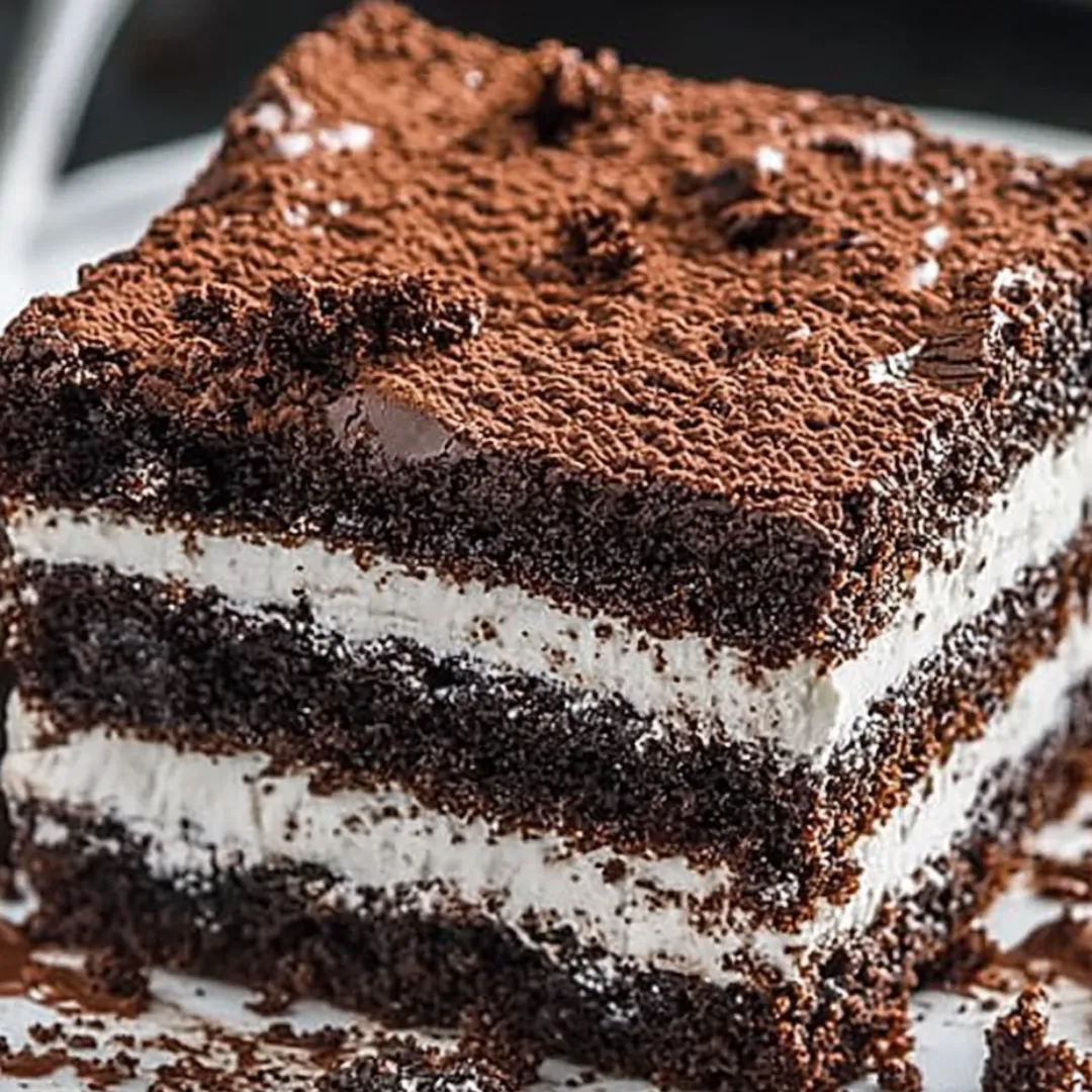 A slice of chocolate cake with white icing on a plate.